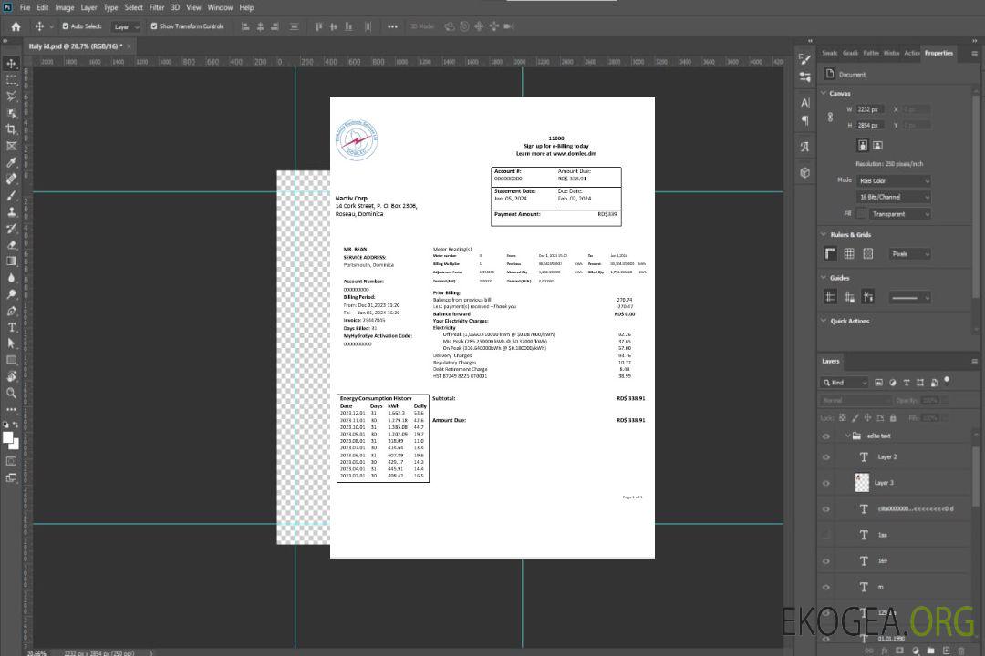 Dominica Electricity Services Limited Facture de services publics pour les entreprises d'électricité aux formats Word et PDF template